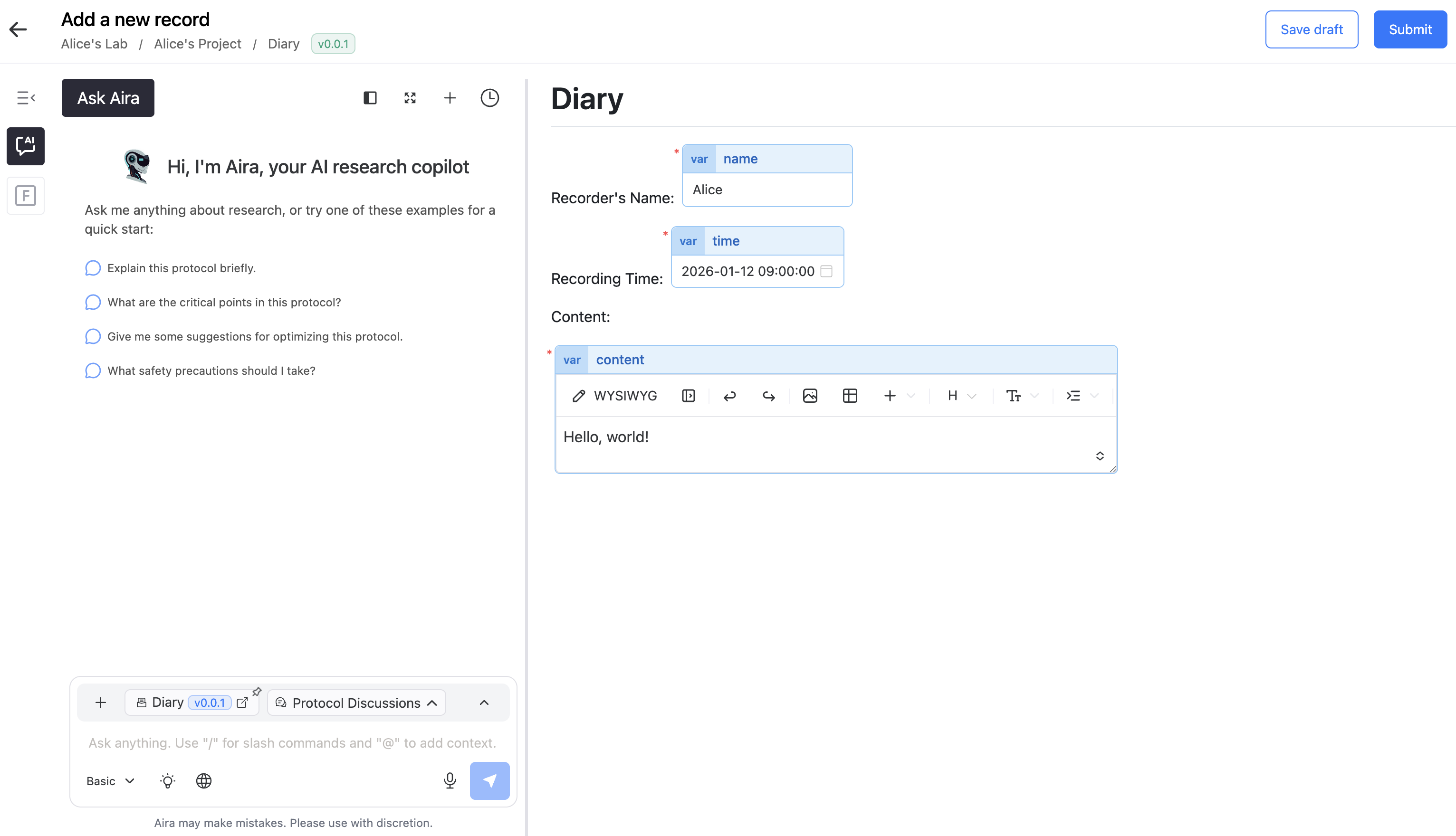Record a diary entry with the Diary protocol